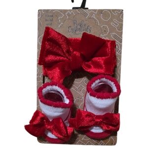 Baby Essentials Girls Velour Headband &  Socks Christmas Valentine's 0-6 mo Bows